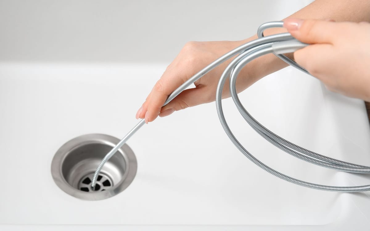 Drain snake clearing a clogged kitchen sink drain