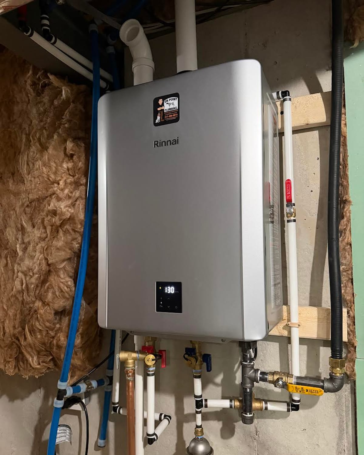 Rinnai tankless water heater installed with labeled isolation valves