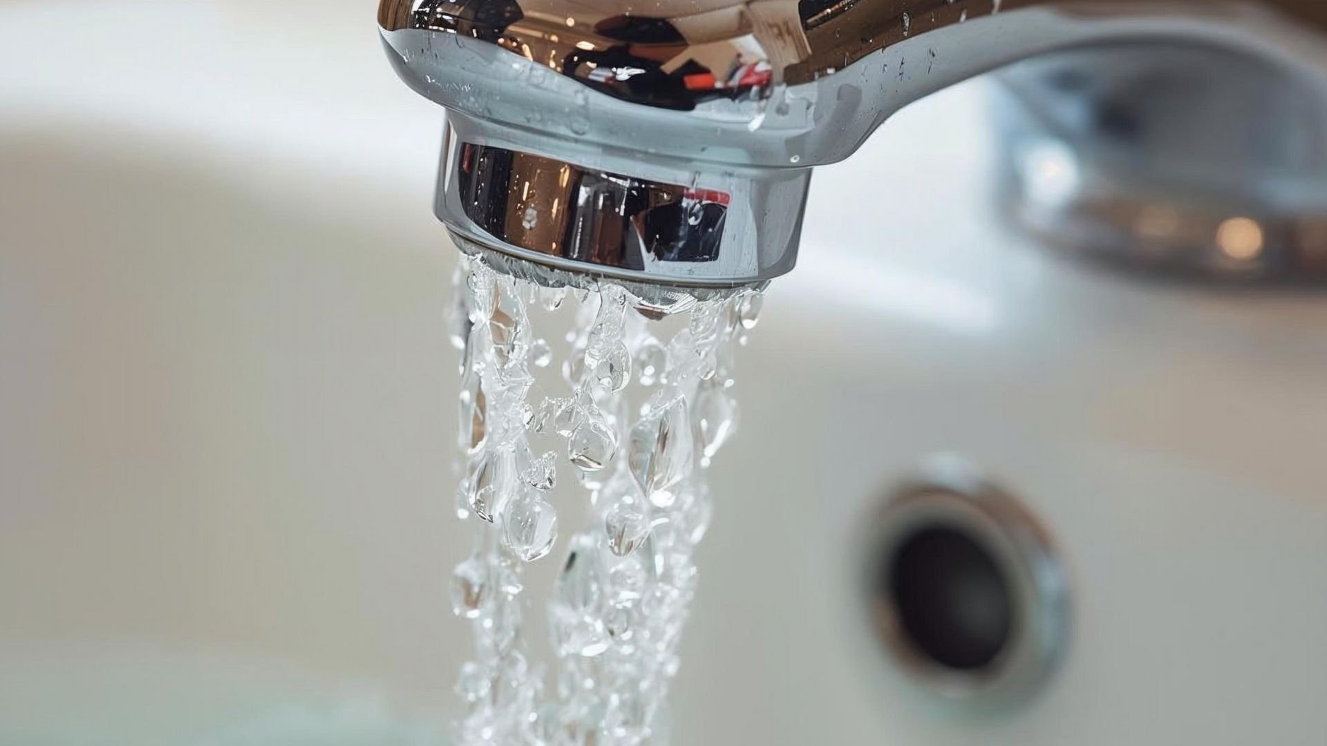 Chrome faucet with clear water flowing, close-up plumbing fixture detail
